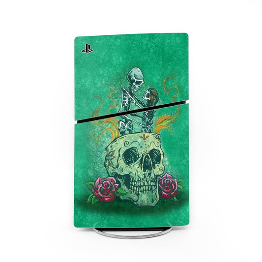 Sony PS5 Slim skin, green fantasy art with skull, roses, and PlayStation logo