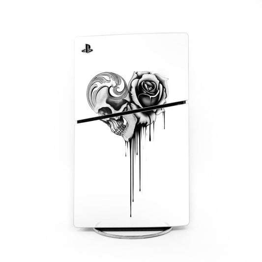 PS5 Slim skin sticker, white with black rose-and-skull graphic and drips