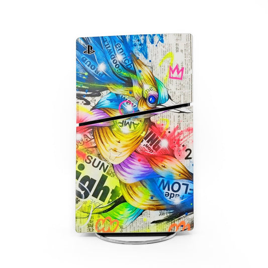 PS5 Slim console skin with colorful neon bird-and-feather abstract artwork
