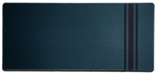 Dark blue desk mat with stitched edges and three vertical stripe accents