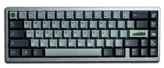 PBT keycaps set on keyboard, light gray keys with dark sculpted legend caps