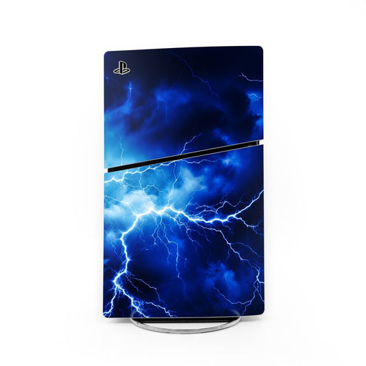 PlayStation PS5 Slim skin with blue lightning bolt graphic and slim center stripe