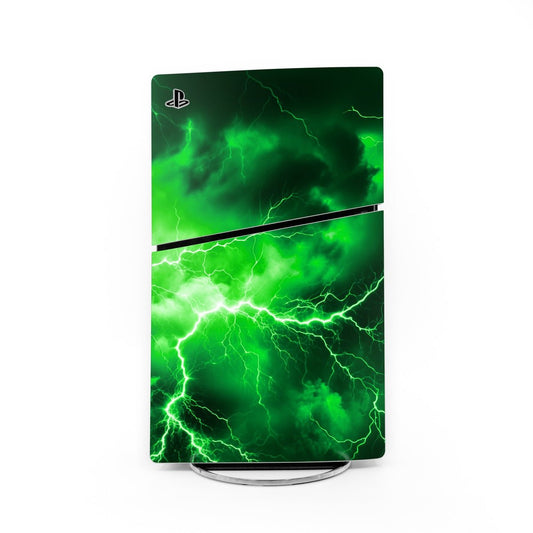 PS5 Slim console skin with green lightning graphic and PlayStation logo