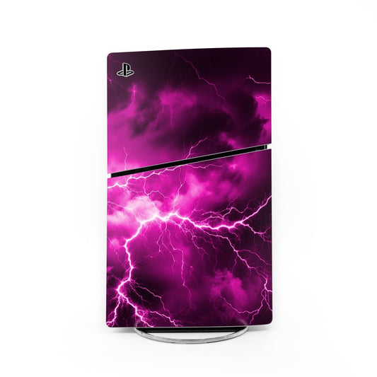 PlayStation PS5 Slim console skin, pink and purple lightning graphic