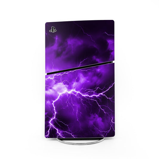 PS5 Slim skin with purple lightning and PlayStation logo across glossy panel