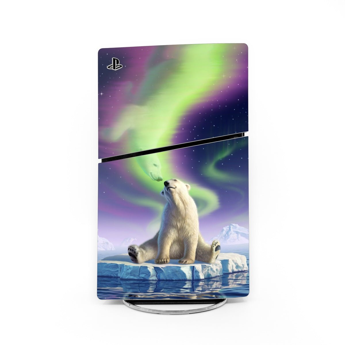 PS5 Slim console skin with purple-green aurora and polar bear on ice