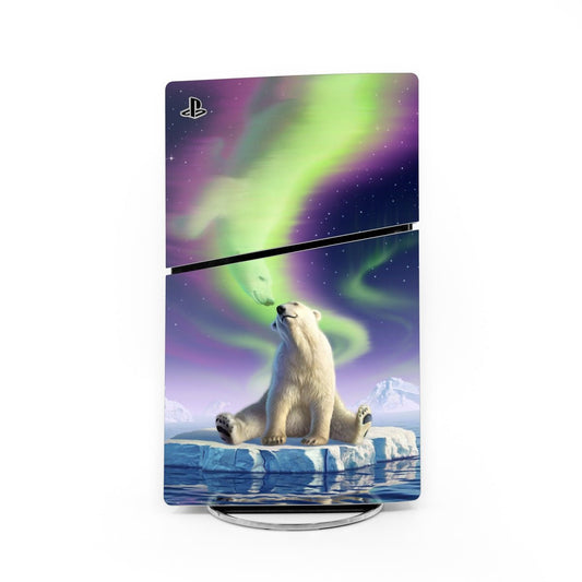 PS5 Slim console skin with purple-green aurora and polar bear on ice