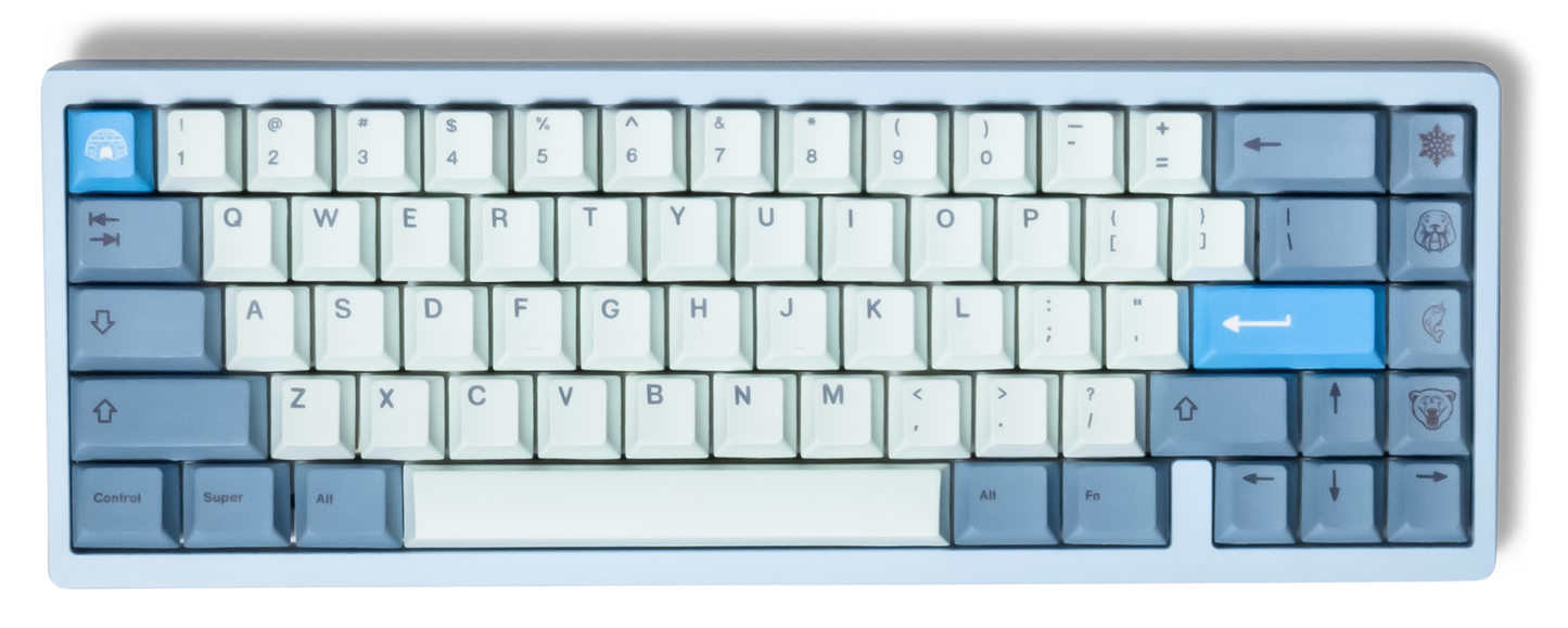 White and light-blue PBT keyboard keycaps with dark legends across full layout