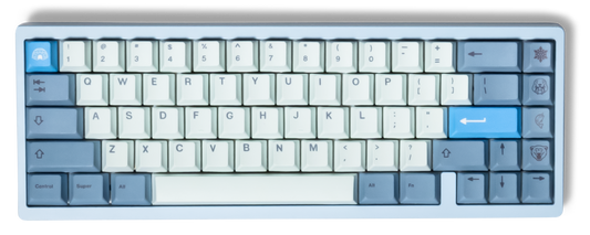 White and light-blue PBT keyboard keycaps with dark legends across full layout