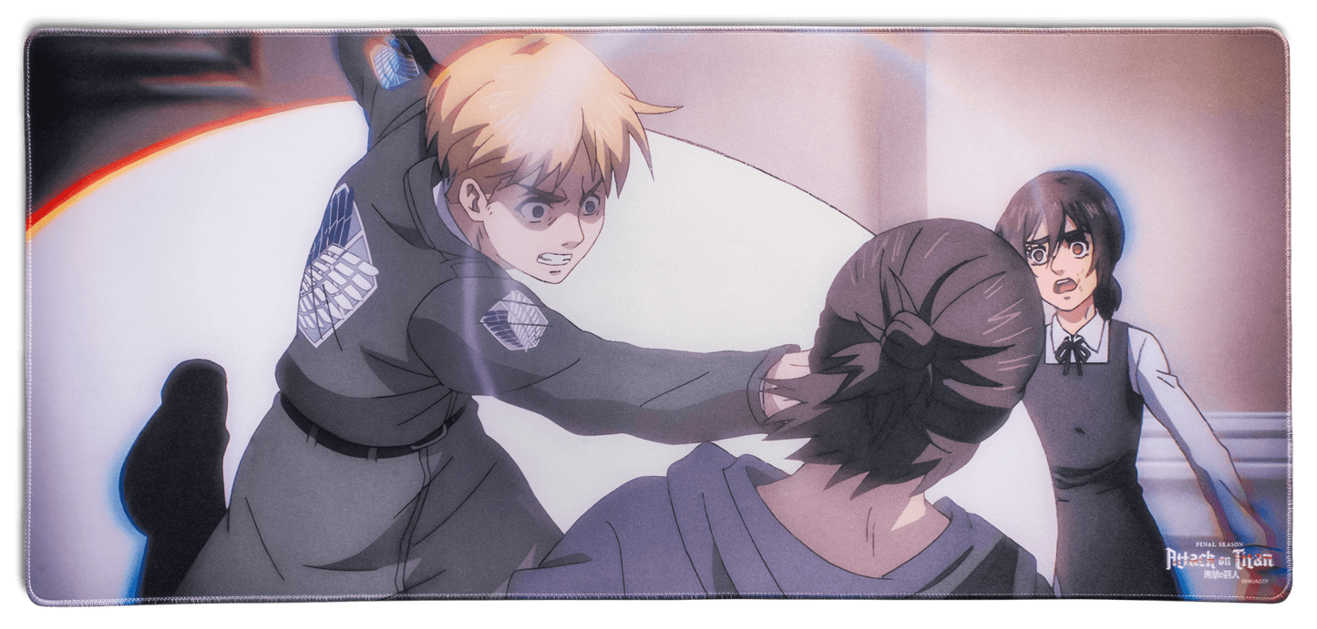 Desk mat featuring an anime action scene with characters in fighting poses