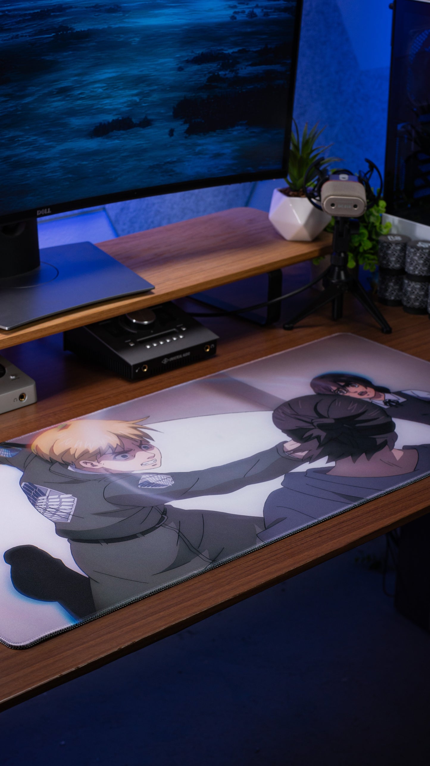 Anime desk mat with two characters holding hands, gray-blue illustration