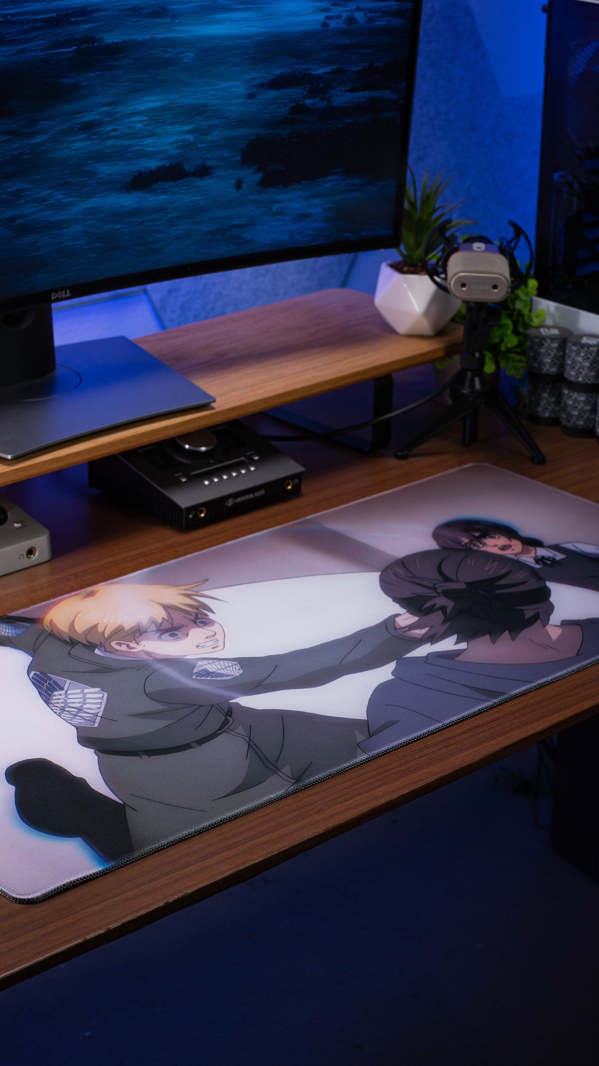 Anime desk mat with two characters holding hands, gray-blue illustration