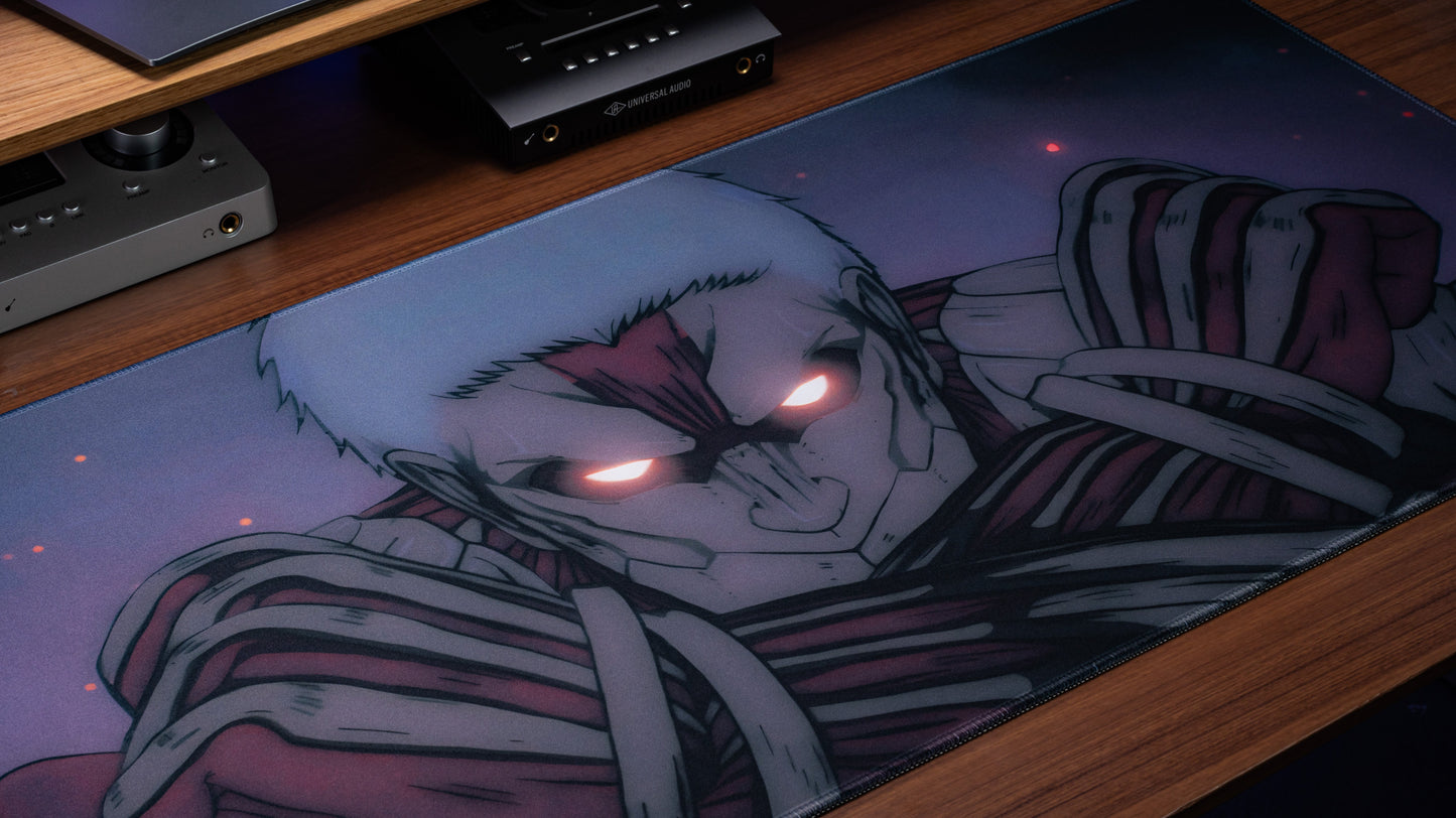 Anime desk mat close-up of character lying, with glowing red eyes illustration