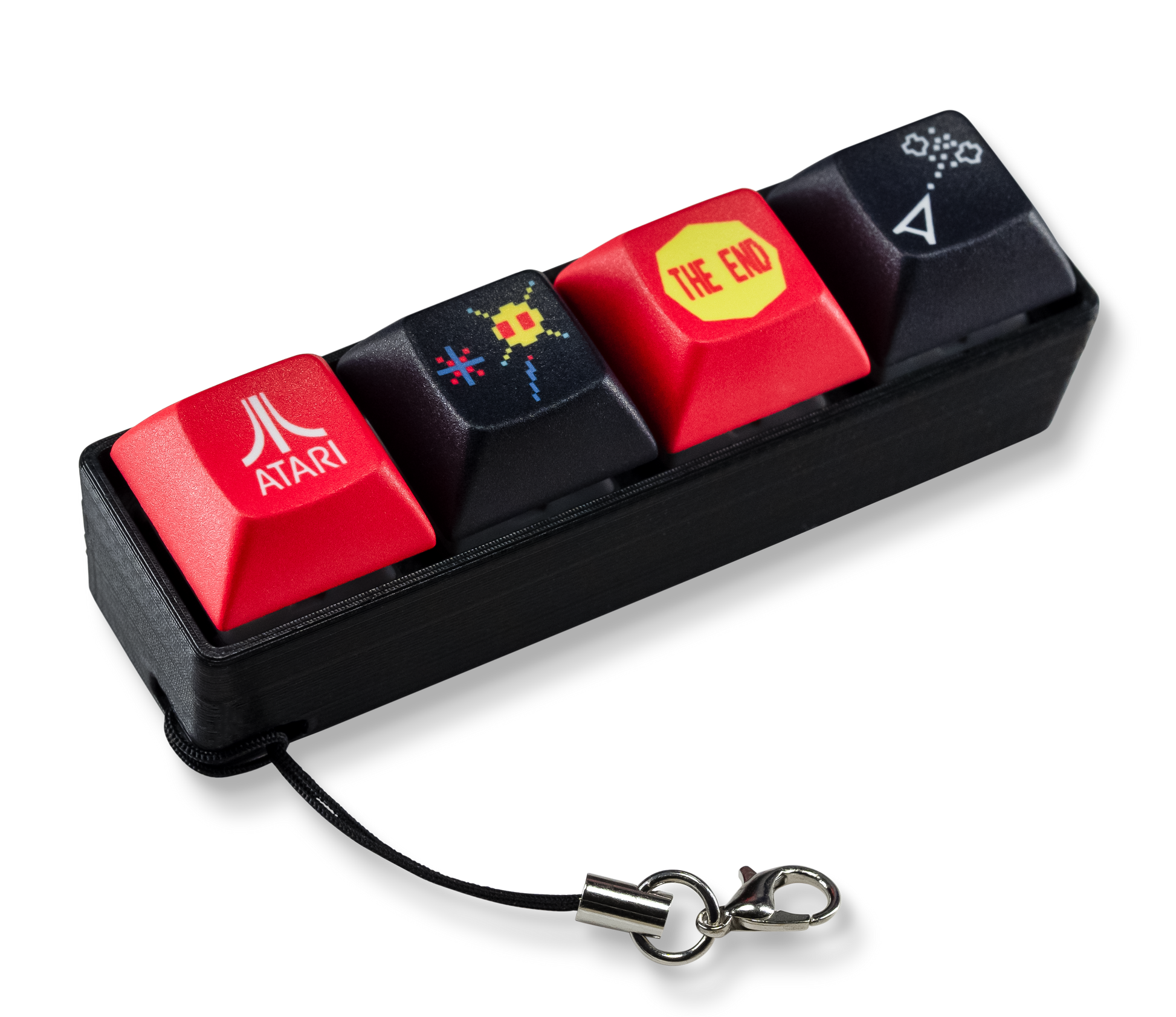 Atari Keycap Fidget with red and black keycaps featuring THE END and joystick icons
