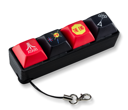 Atari Keycap Fidget with red and black keycaps featuring THE END and joystick icons