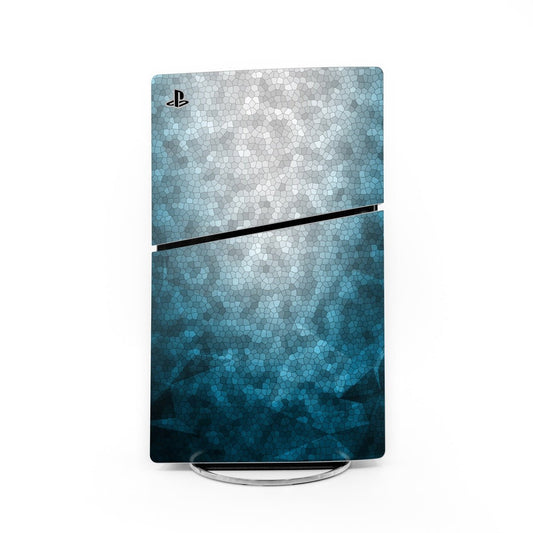 Sony PS5 Slim console skin with blue mosaic pattern and PlayStation logo