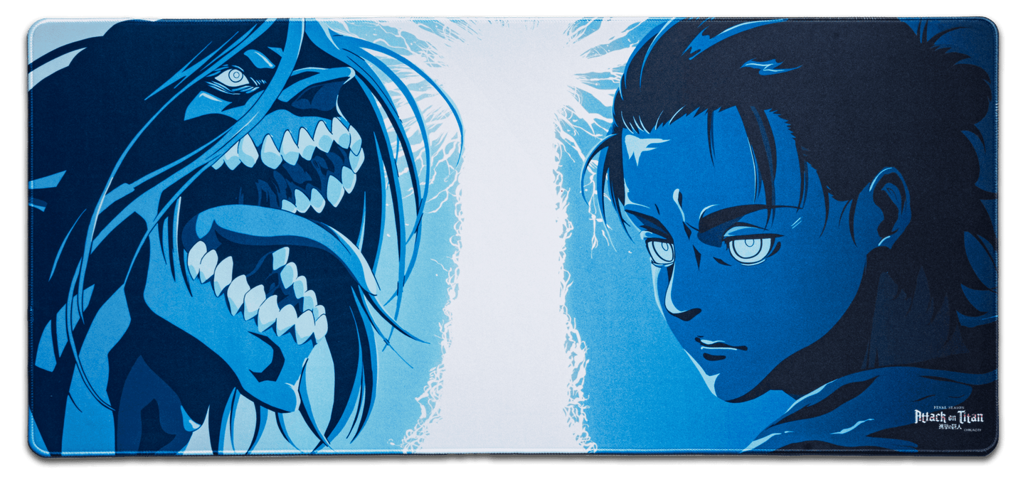 Desk mat with blue-and-white anime character artwork, rectangular stitched edges