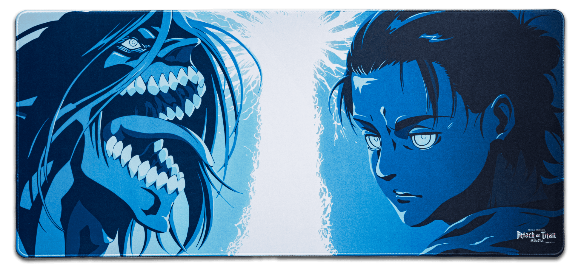 Desk mat with blue-and-white anime character artwork, rectangular stitched edges