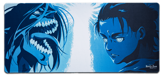 Desk mat with blue-and-white anime character artwork, rectangular stitched edges