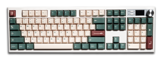 PBT keycaps set with white and dark green caps and red accent keys, mixed legends
