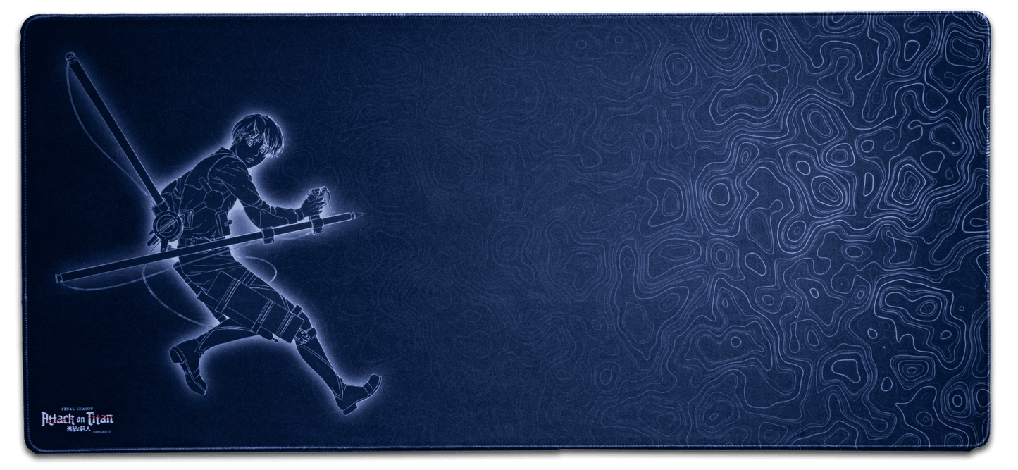 Dark blue anime desk mat with small swordsman figure on left and swirling pattern