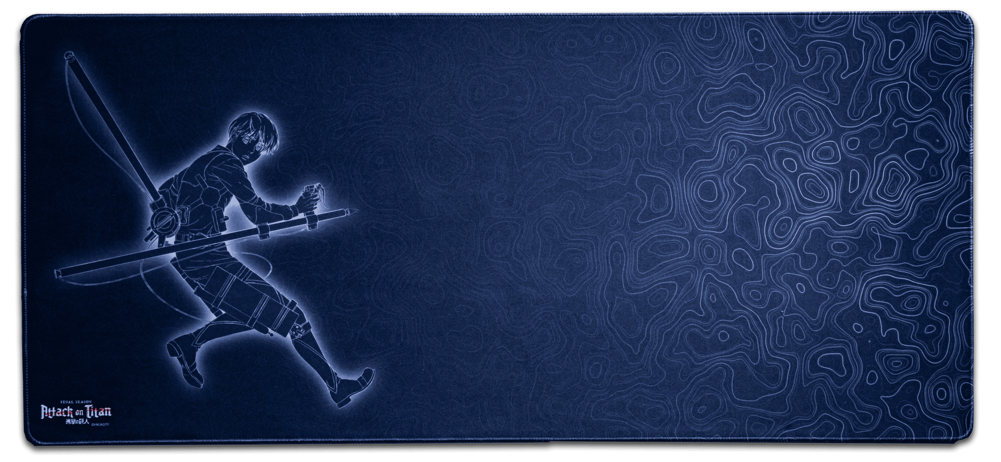 Dark blue anime desk mat with small swordsman figure on left and swirling pattern