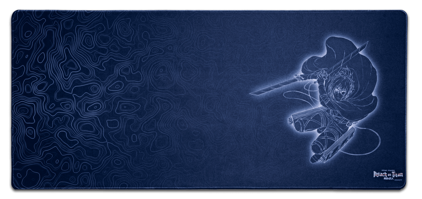 Dark blue anime desk mat with character artwork on right and swirling contour pattern