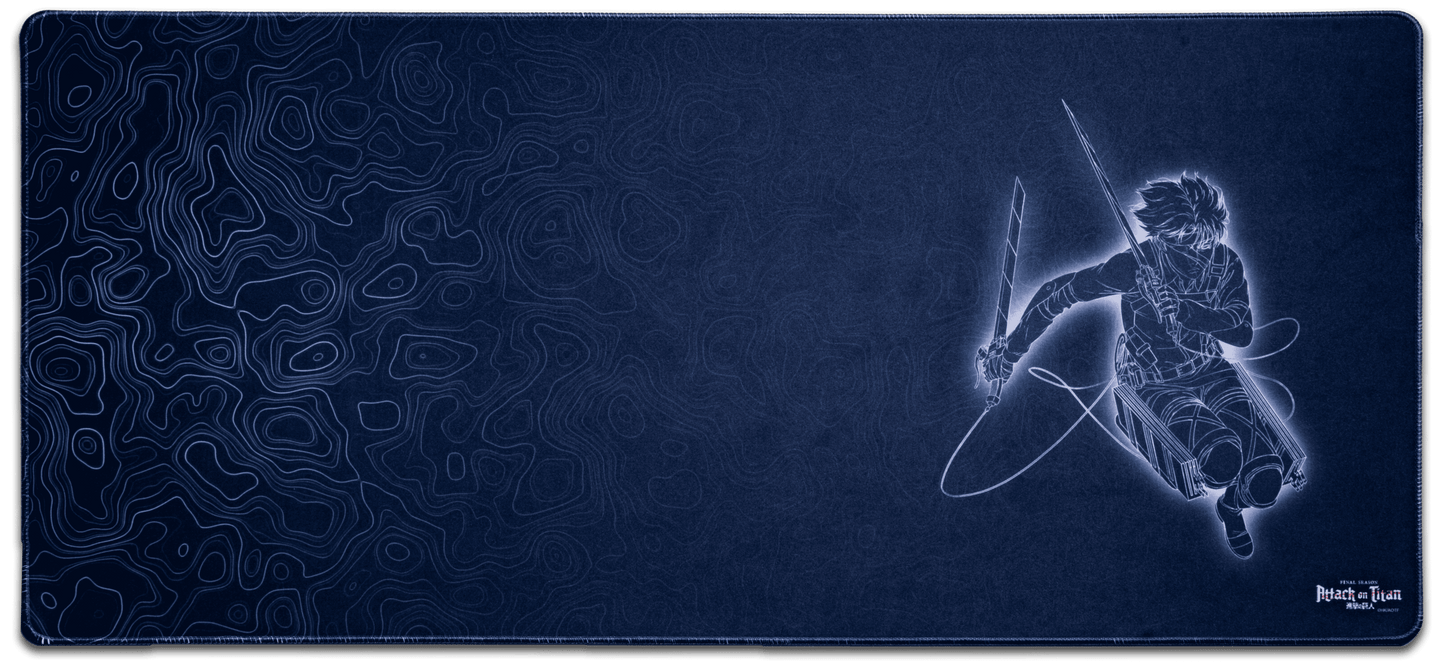 Dark blue anime desk mat with swirling pattern and running swordsman illustration