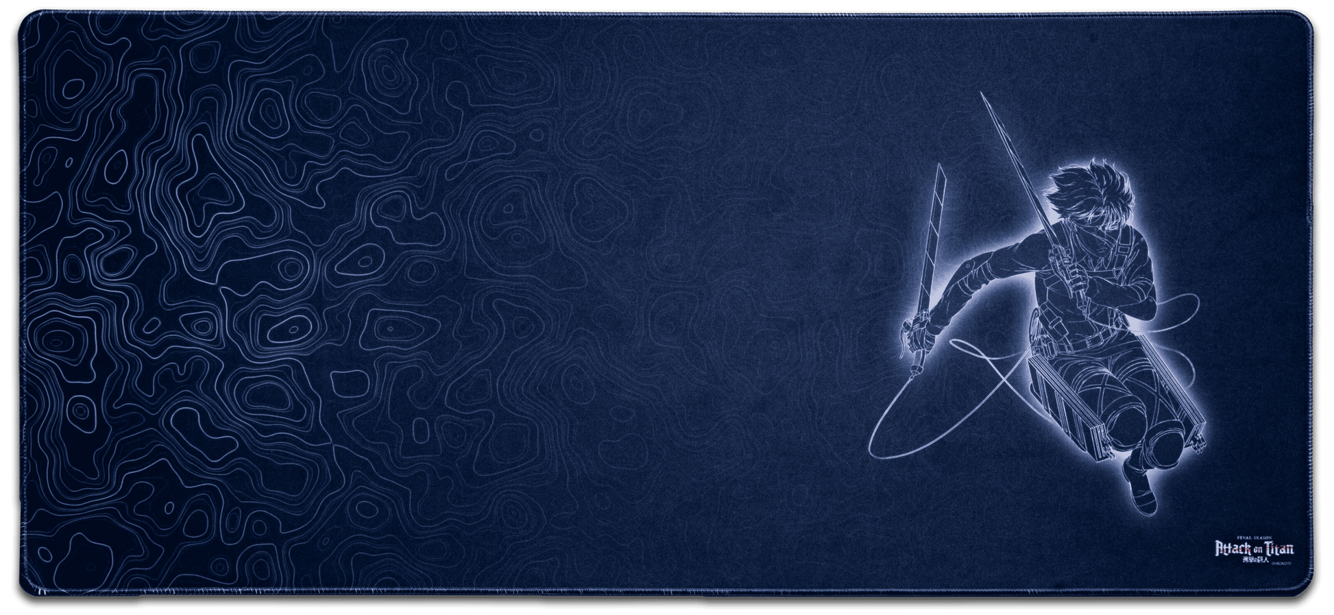 Dark blue anime desk mat with swirling pattern and running swordsman illustration