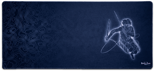 Dark blue anime desk mat with swirling pattern and running swordsman illustration