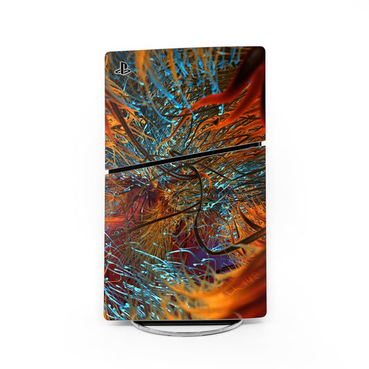 Sony PS5 Slim console skin with PlayStation logo, abstract orange blue artwork