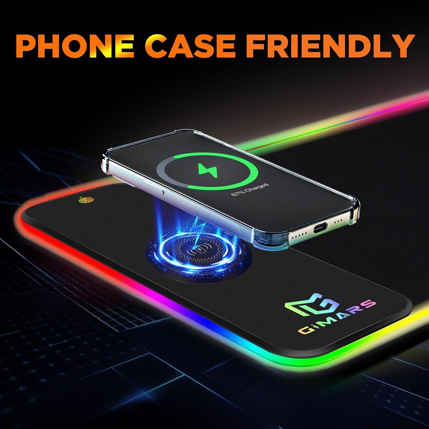 Black RGB gaming mouse pad with phone wireless charging, case-friendly design