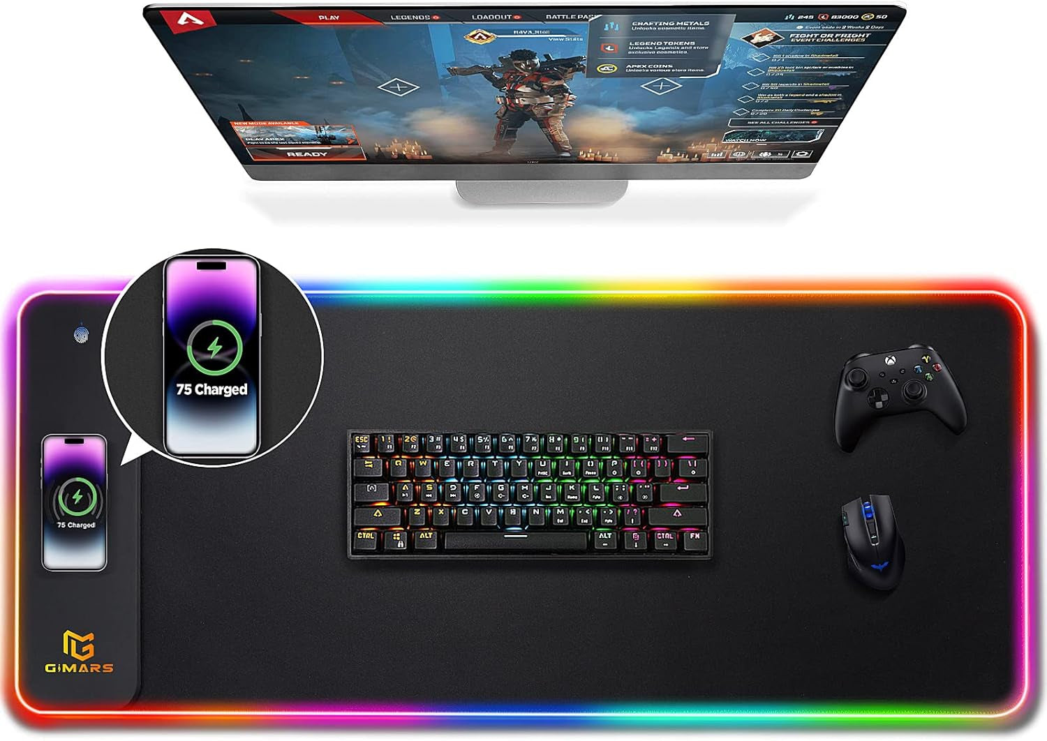 Black RGB gaming mouse pad with built-in wireless charger and multicolor light edge