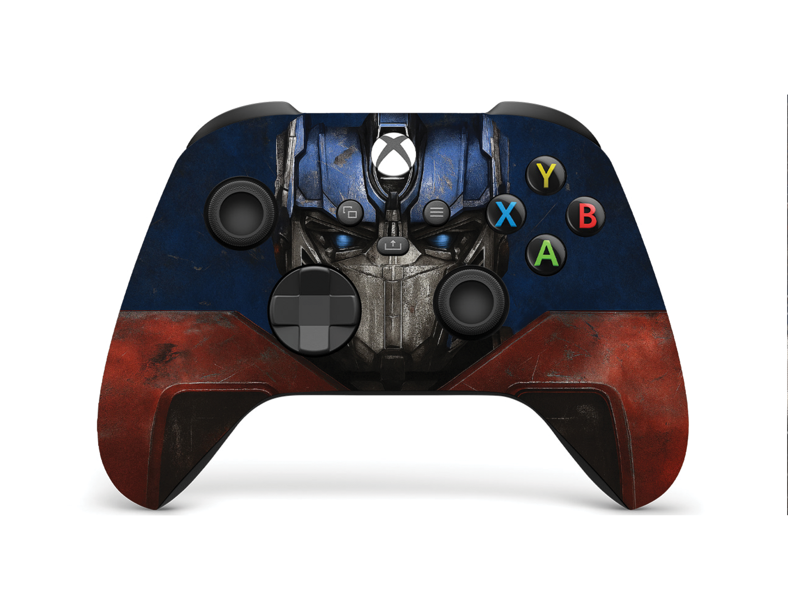 Xbox Series X/S controller with Optimus-themed front graphic and colored button layout