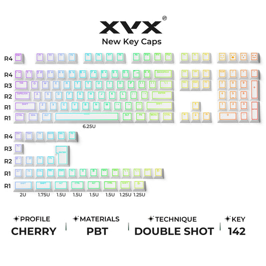 Cherry-profile PBT keycap set, multicolor 142-key layout with double-shot shine-through.