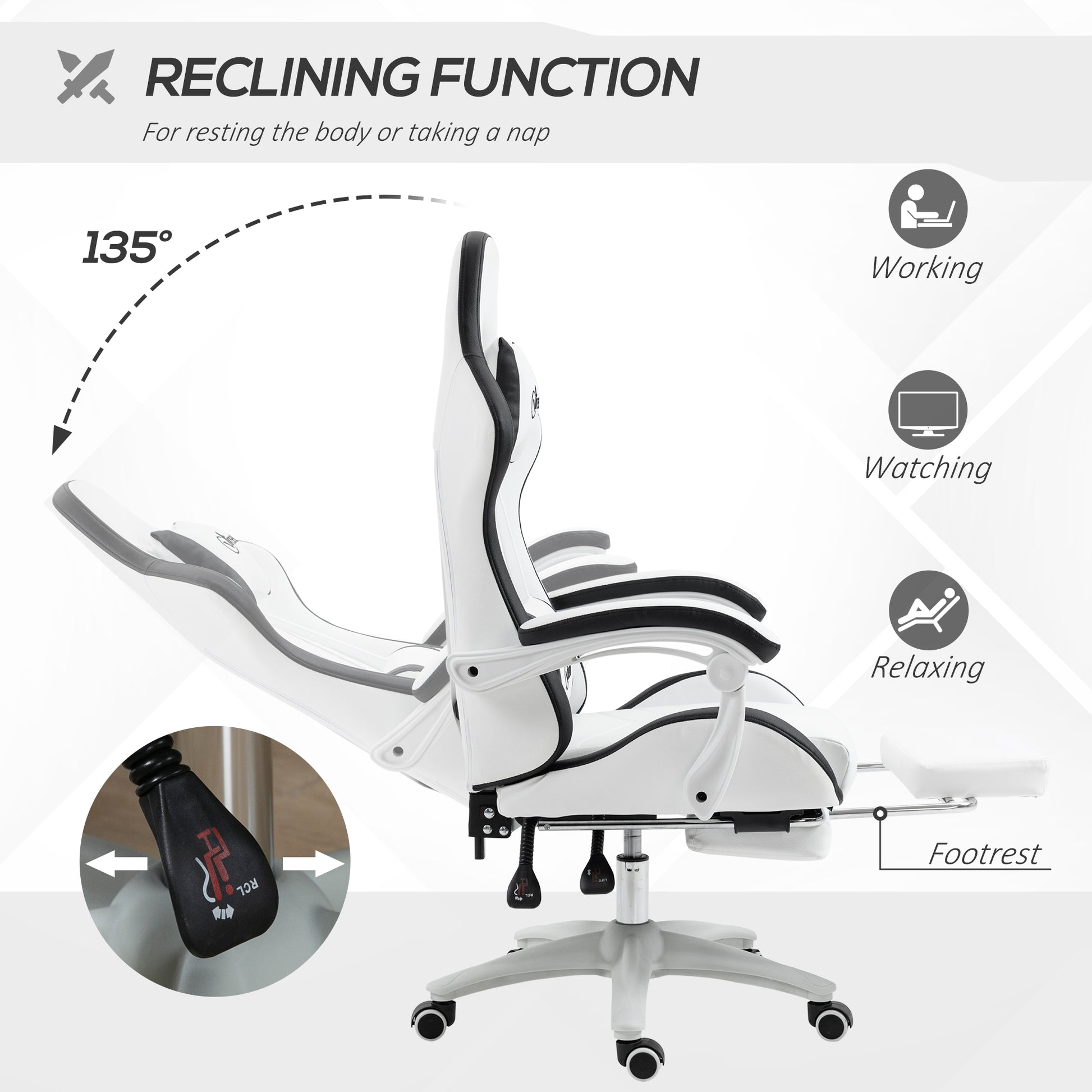 Vinsetto reclining gaming chair with footrest, white frame and black trim