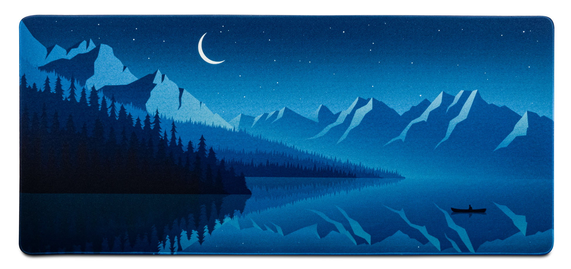 Alberta V2 desk mat with deep blue night sky, moon, pine forest and mountains