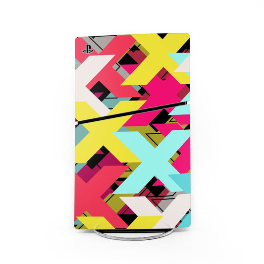 PlayStation PS5 Slim skin decal with multicolor geometric pattern and PS logo