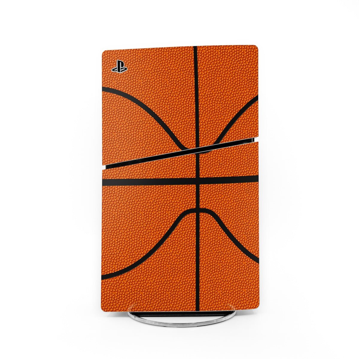 Sony PS5 Slim skin with orange basketball pattern and black lines