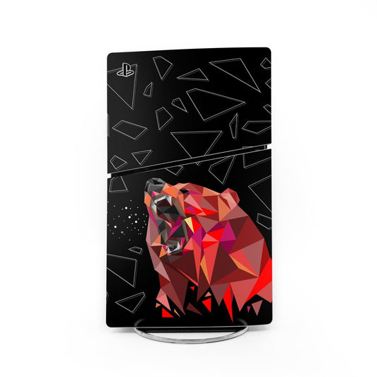 PlayStation PS5 Slim skin with dark geometric pattern and colorful low-poly bear design