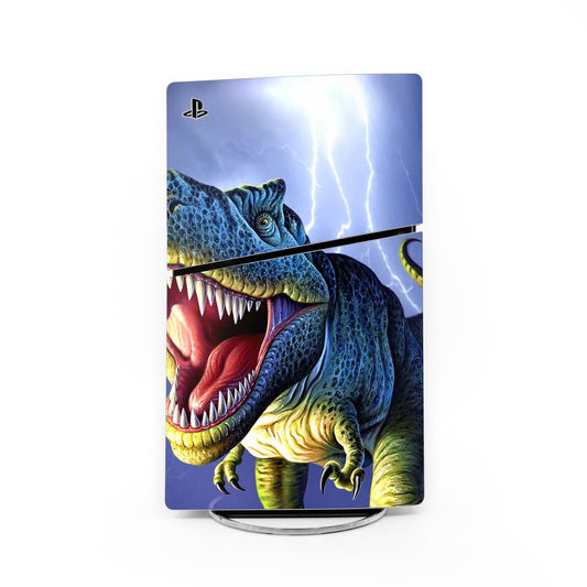PS5 Slim console skin with PlayStation logo and blue dinosaur artwork