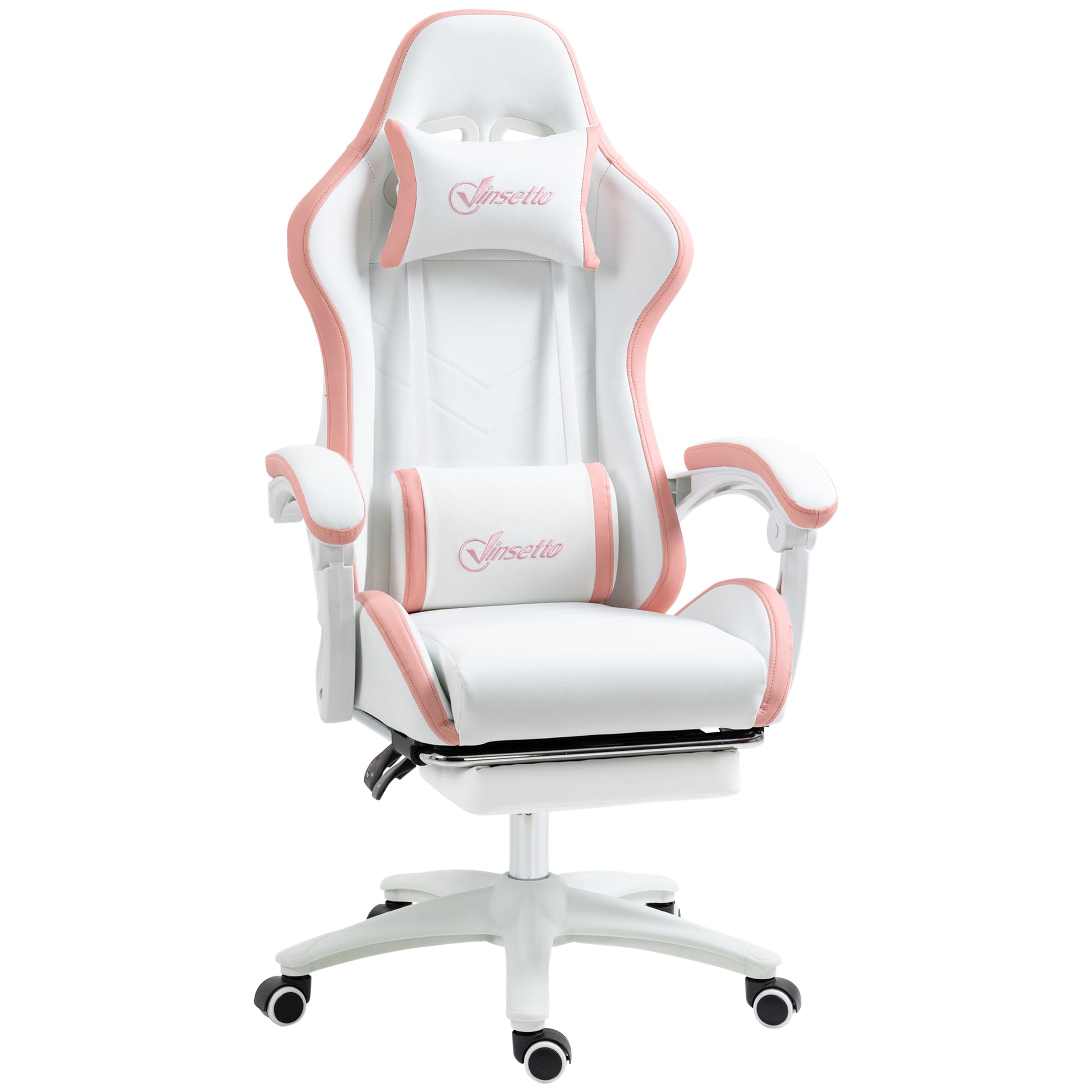 Vinsetto gaming chair with white seat and pink padded headrest and armrests