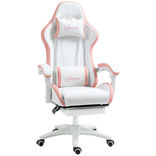 Vinsetto gaming chair with white seat and pink padded headrest and armrests
