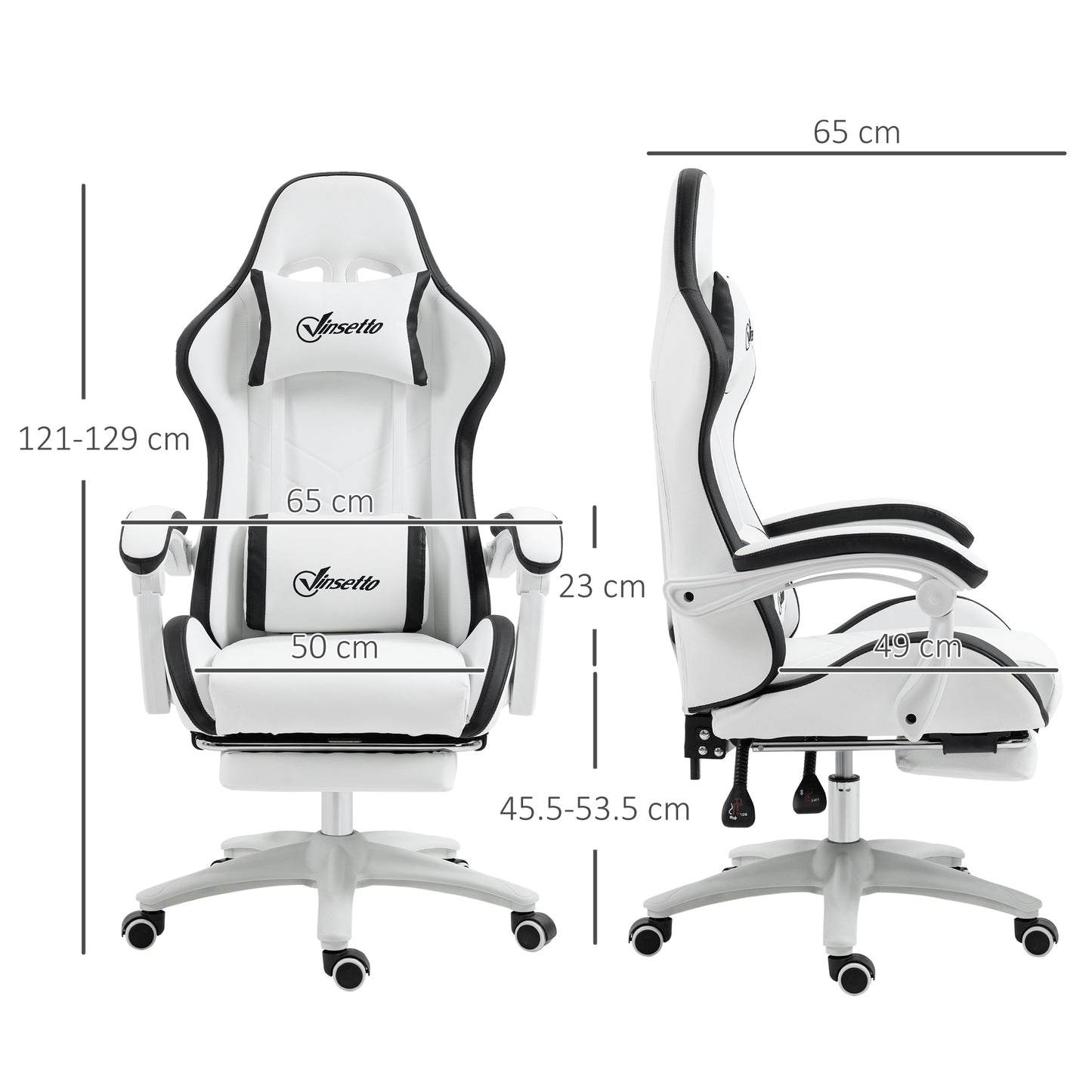 Vinsetto desk gaming chair, front and side views, white and black PU leather