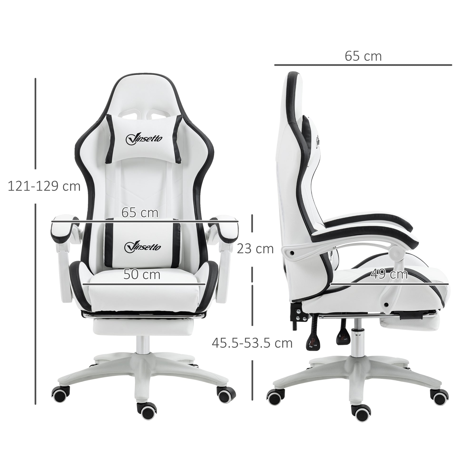 Vinsetto desk gaming chair, front and side views, white and black PU leather