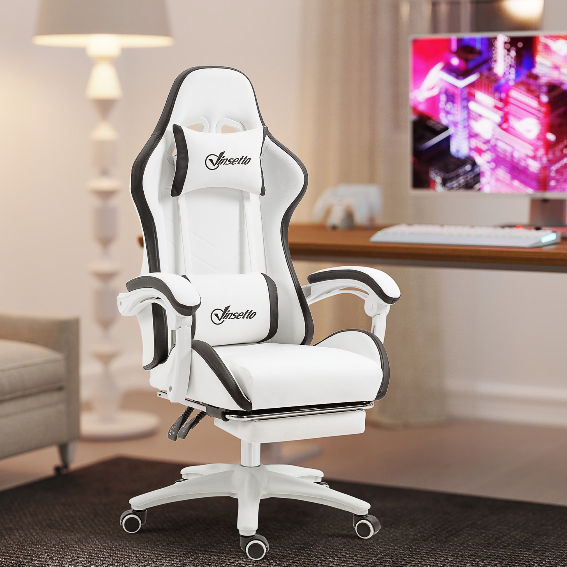 Vinsetto gaming chair with headrest and lumbar support, white PU upholstery