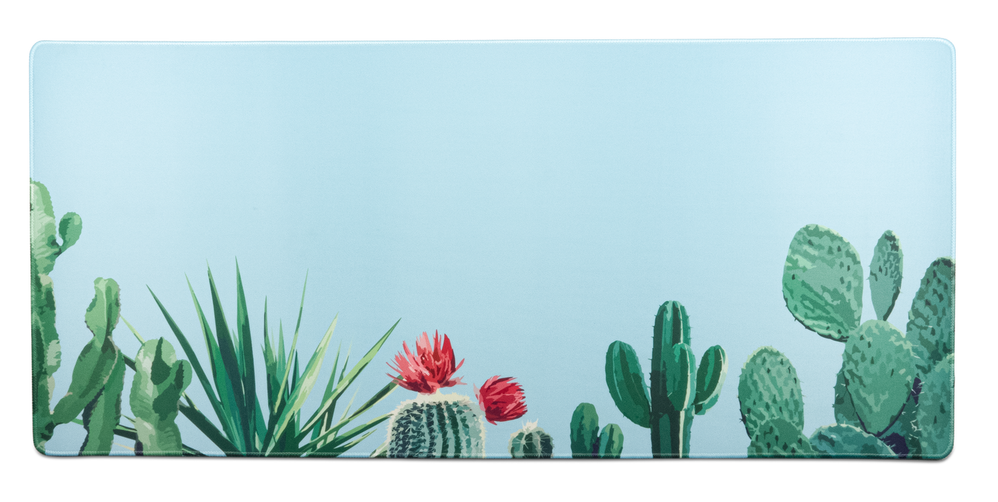 Blue desk mat with colorful cactus and succulent illustration across the surface