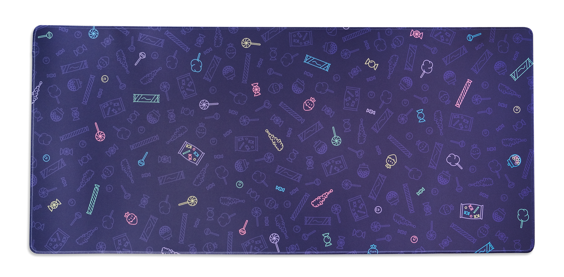 Candy shop desk mat with purple, multicolor candy pattern and rounded edges