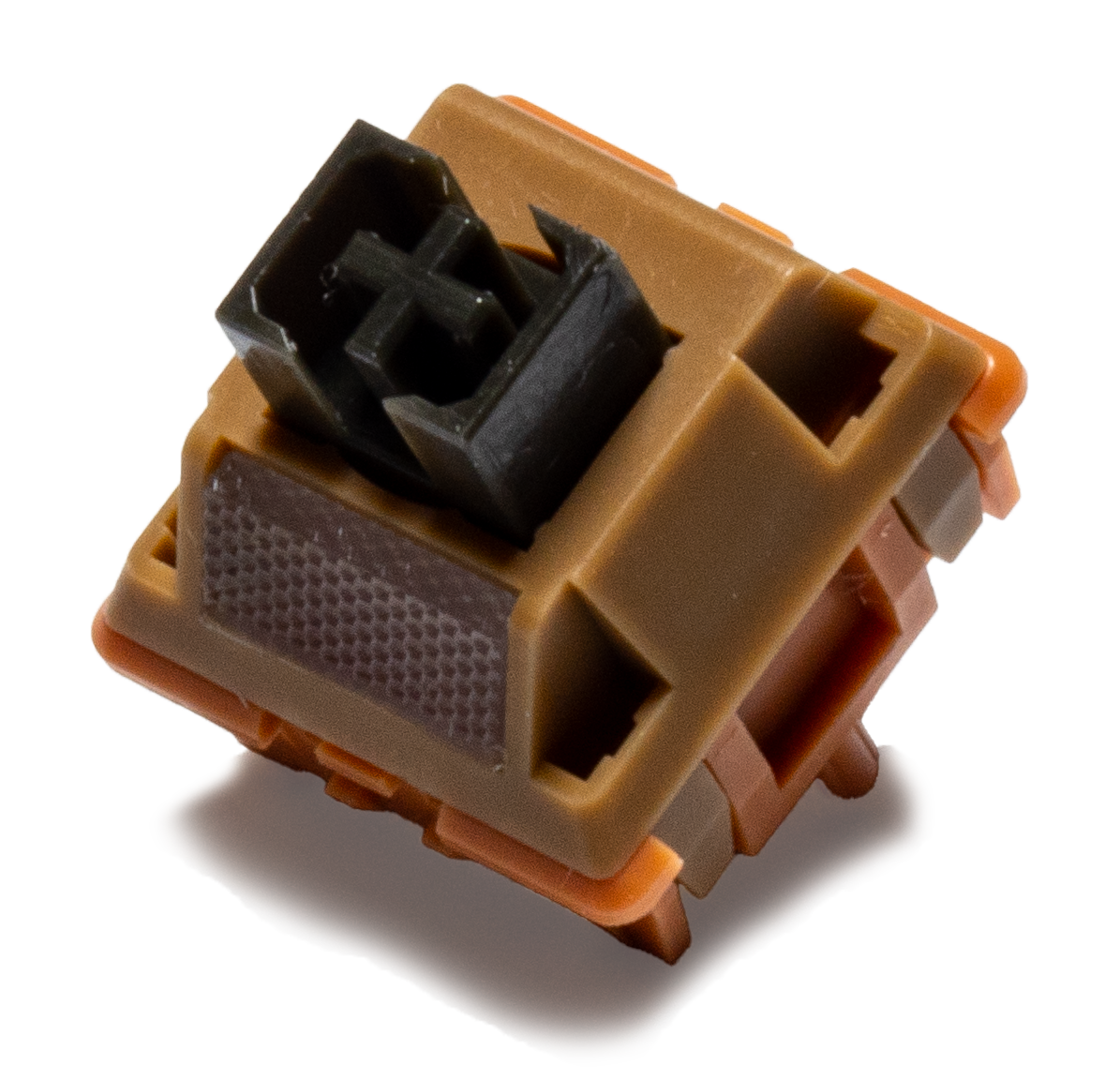 Linear keyboard switches set in tan housing with black stem and metal contacts