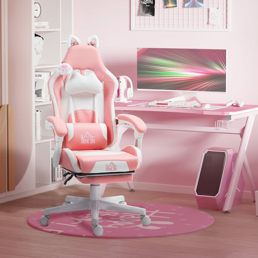 Pink racer chair with cat-ear headrest, plush white pillow, padded seat and swivel base.